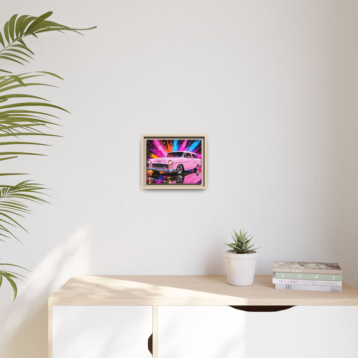 Pink Classic Station Wagon Canvas Print — Retro Car Wall Art, Framed Matte Multi‑Color Splash