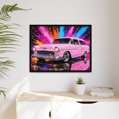 Pink Classic Station Wagon Canvas Print — Retro Car Wall Art, Framed Matte Multi‑Color Splash