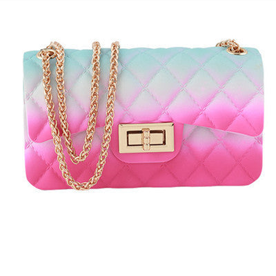 New Gradient Color Jelly Bag Rainbow Color Rhombus Chain One-Shoulder Diagonal Female Small Square Bag See size chart under “more details”