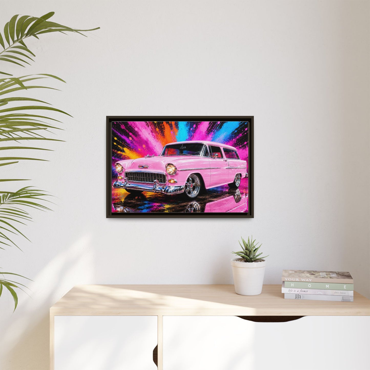 Pink Classic Station Wagon Canvas Print — Retro Car Wall Art, Framed Matte Multi‑Color Splash