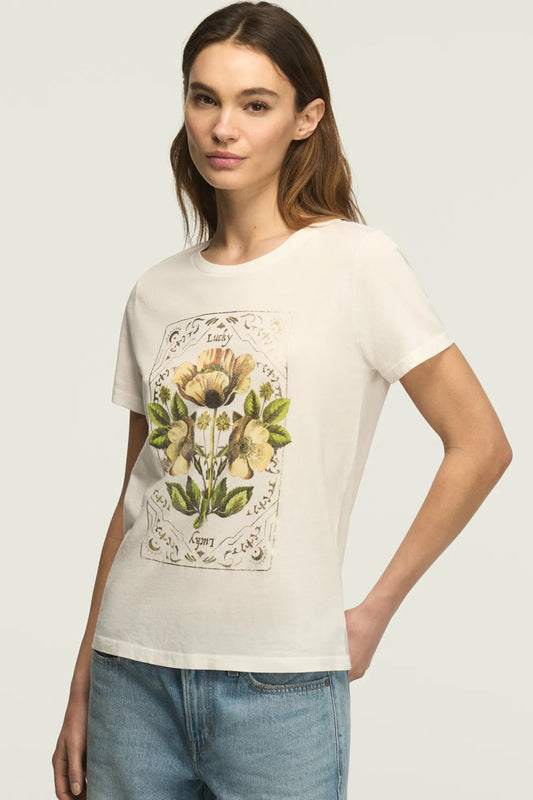 [163123-110] WOMENS LUCKY BRAND FLORAL ORNATE FRAME CLASSIC CREW - BRIGHT WHITE