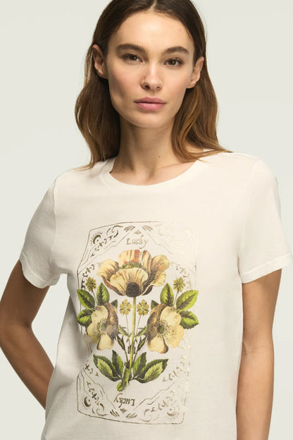 [163123-110] WOMENS LUCKY BRAND FLORAL ORNATE FRAME CLASSIC CREW - BRIGHT WHITE