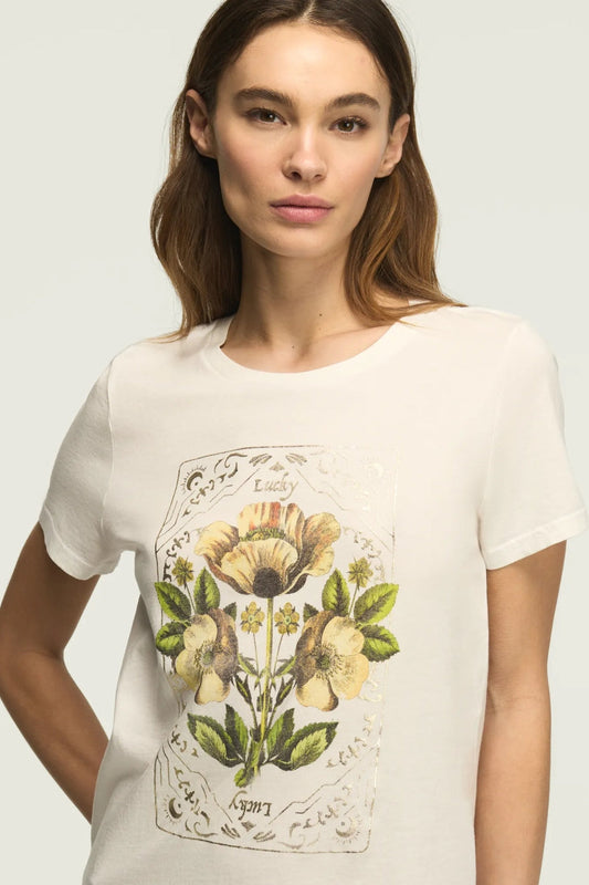 [163123-110] WOMENS LUCKY BRAND FLORAL ORNATE FRAME CLASSIC CREW - BRIGHT WHITE