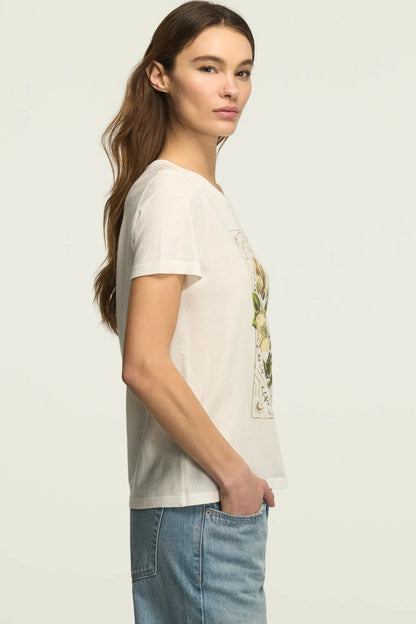 [163123-110] WOMENS LUCKY BRAND FLORAL ORNATE FRAME CLASSIC CREW - BRIGHT WHITE