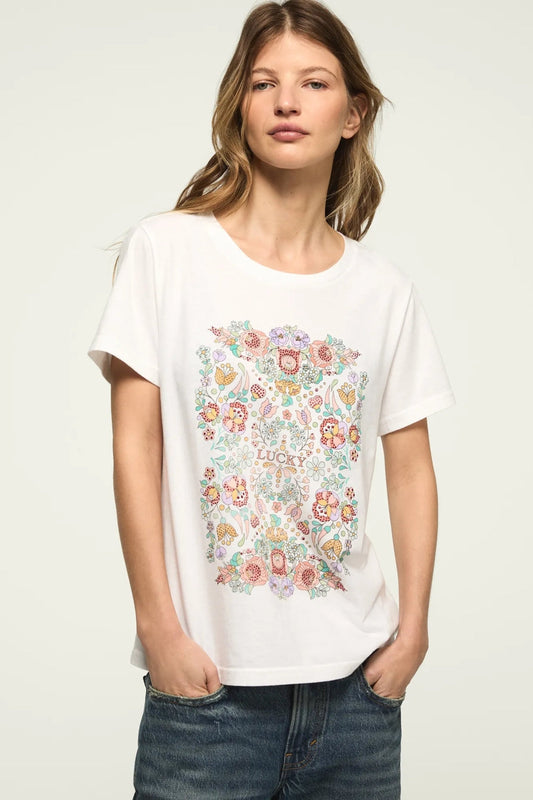 [163160-110] WOMENS LUCKY BRAND FLORAL POSTER EMBELLISHED CLASSIC CREW