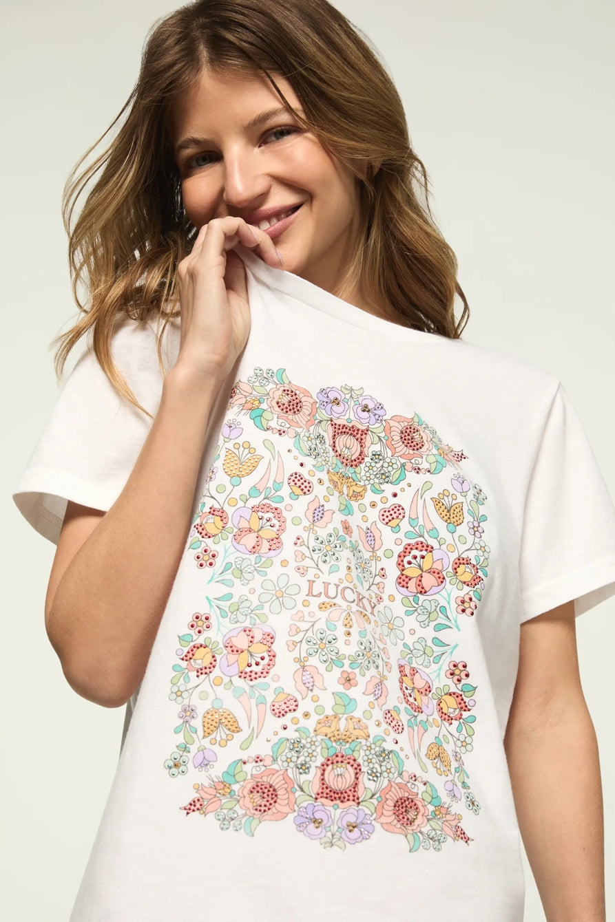 [163160-110] WOMENS LUCKY BRAND FLORAL POSTER EMBELLISHED CLASSIC CREW