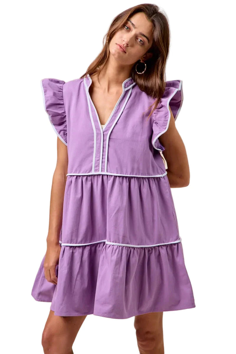 Womens Casual Babydoll Dress Flutter Sleeve Tiered Mini Purple V Neck White Trim Summer Ruffle Detail