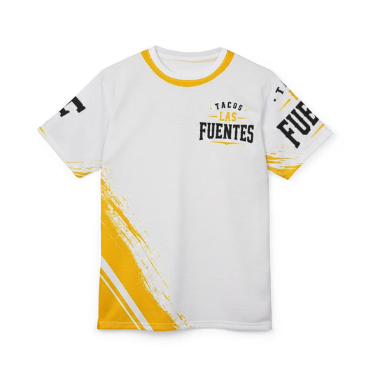 T-Shirt — Las Fuentes Tacos Logo Tee (White & Yellow Brushstroke)