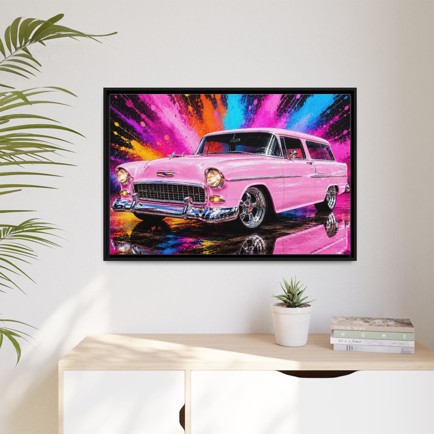 Pink Classic Station Wagon Canvas Print — Retro Car Wall Art, Framed Matte Multi‑Color Splash