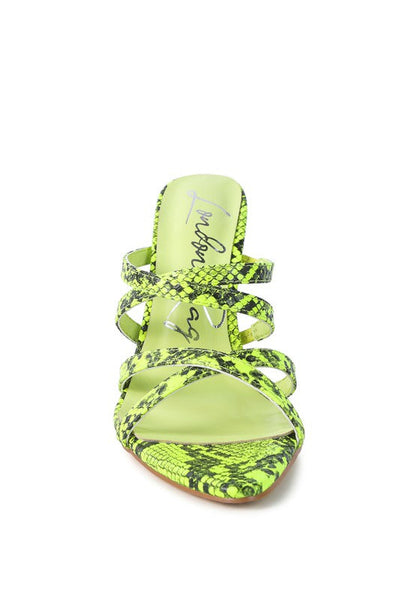 NIGHTCLUB HIGH HEELED NEON ANIMAL SANDALS See size chart under “more details”