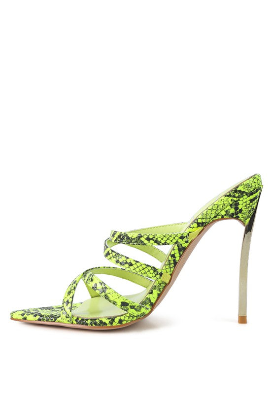 NIGHTCLUB HIGH HEELED NEON ANIMAL SANDALS See size chart under “more details”