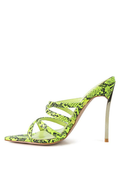NIGHTCLUB HIGH HEELED NEON ANIMAL SANDALS See size chart under “more details”