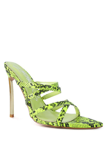 NIGHTCLUB HIGH HEELED NEON ANIMAL SANDALS See size chart under “more details”
