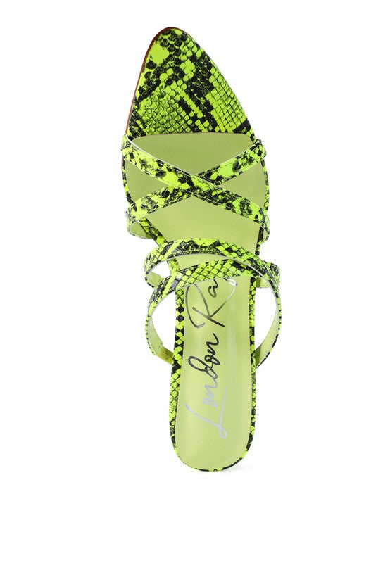 NIGHTCLUB HIGH HEELED NEON ANIMAL SANDALS See size chart under “more details”