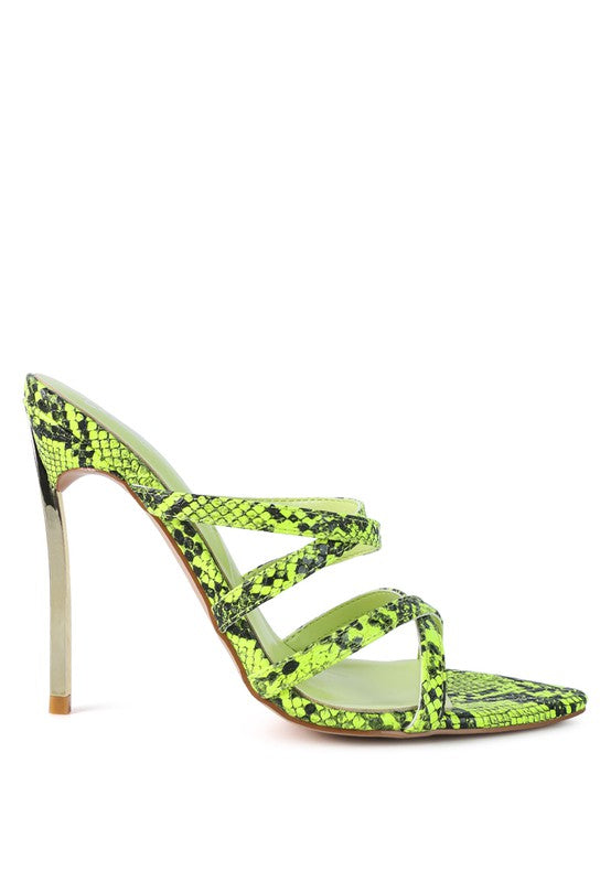 NIGHTCLUB HIGH HEELED NEON ANIMAL SANDALS See size chart under “more details”