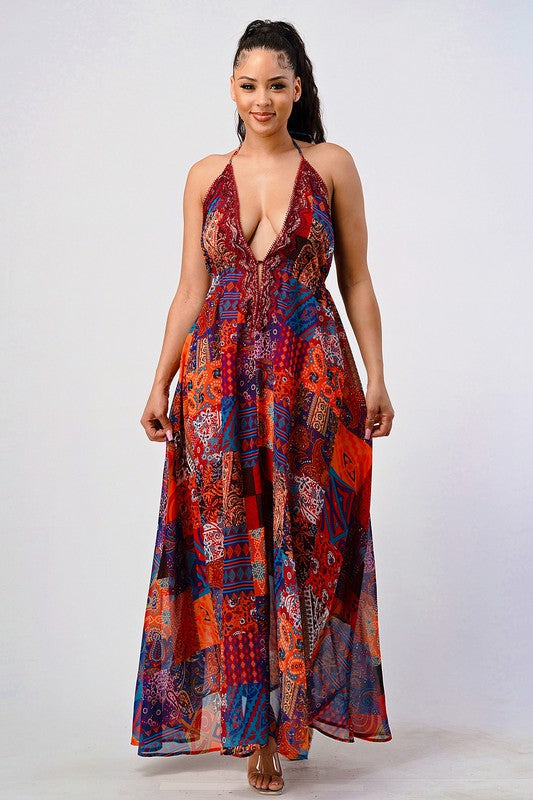 Bohemian print sequin lace trim maxi dress See size chart under “more details”