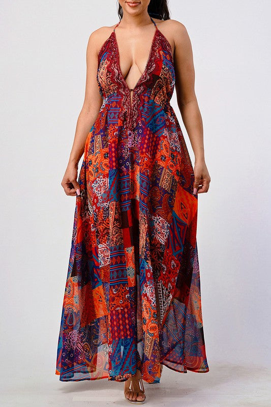 Bohemian print sequin lace trim maxi dress See size chart under “more details”