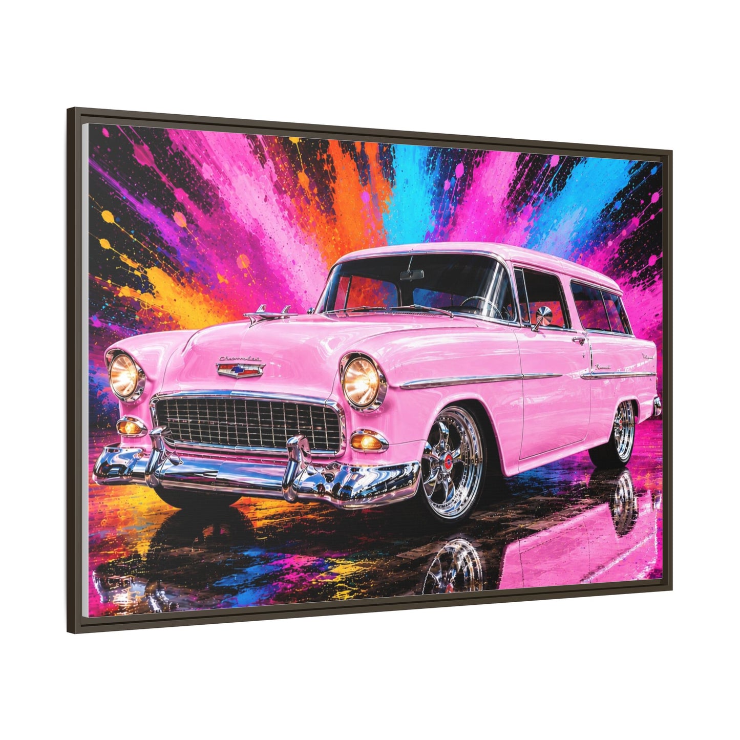 Pink Classic Station Wagon Canvas Print — Retro Car Wall Art, Framed Matte Multi‑Color Splash