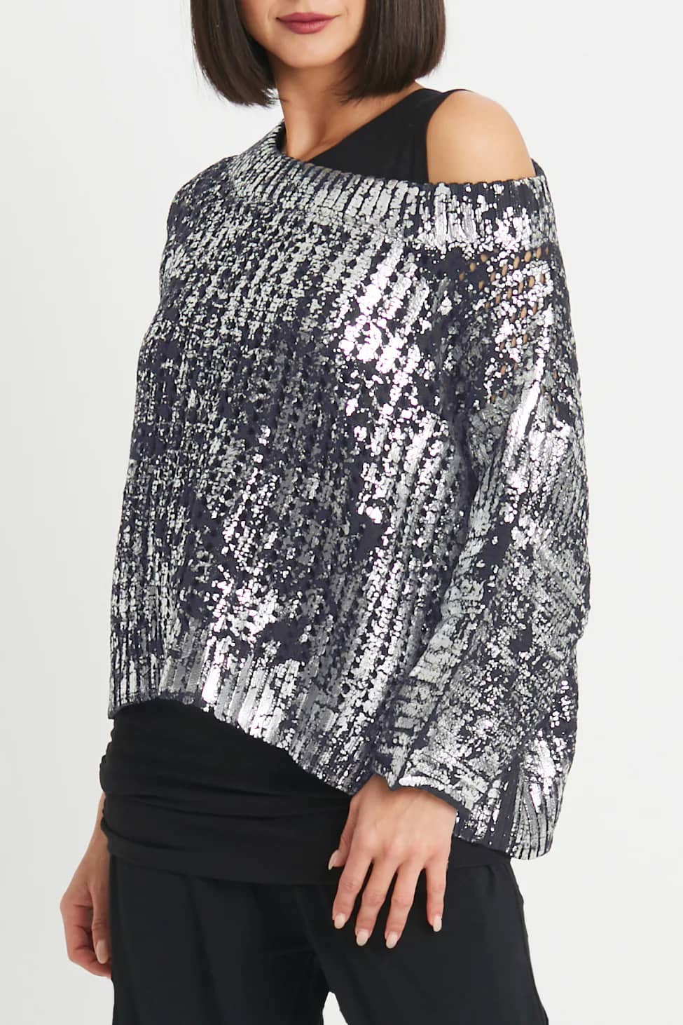 Cotton Metallic Crochet Boatneck Sweater - Lava/Silver