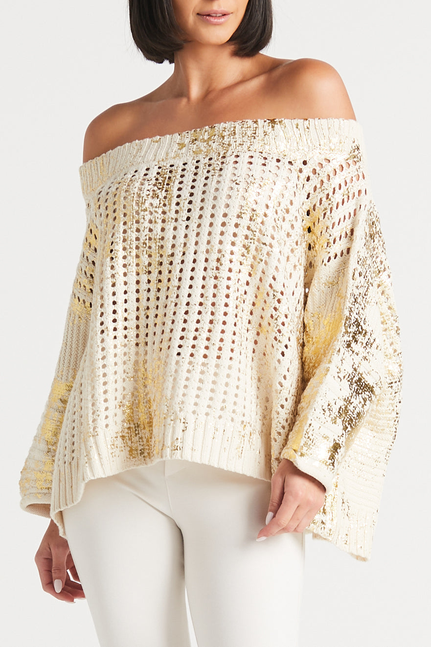 Cotton Metallic Crochet Boatneck Sweater - Stone/Gold