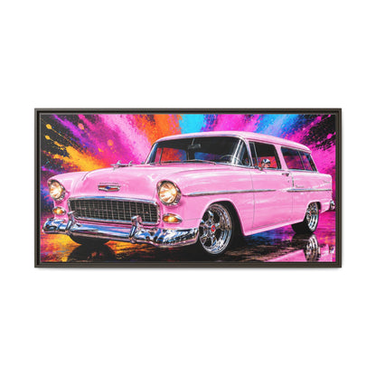 Pink Classic Station Wagon Canvas Print — Retro Car Wall Art, Framed Matte Multi‑Color Splash
