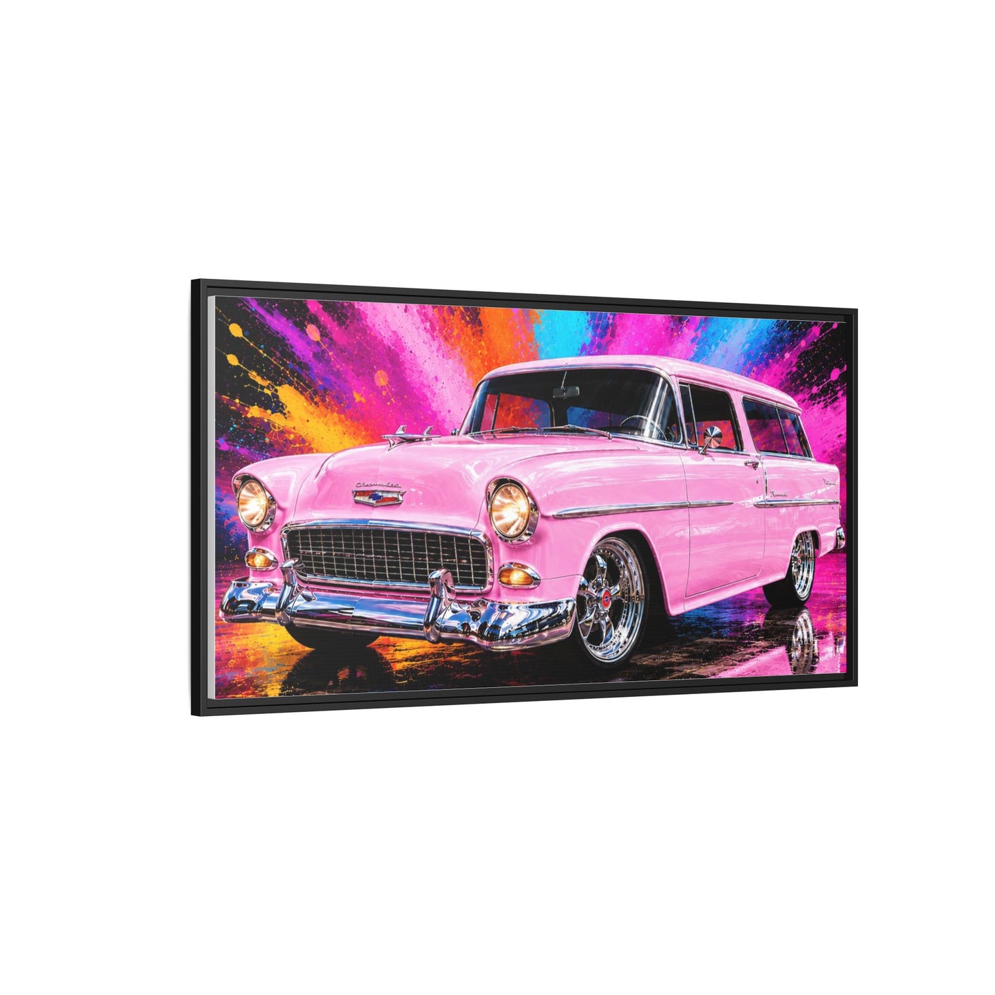 Pink Classic Station Wagon Canvas Print — Retro Car Wall Art, Framed Matte Multi‑Color Splash