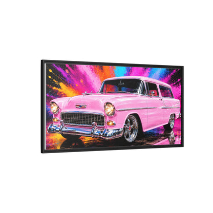 Pink Classic Station Wagon Canvas Print — Retro Car Wall Art, Framed Matte Multi‑Color Splash