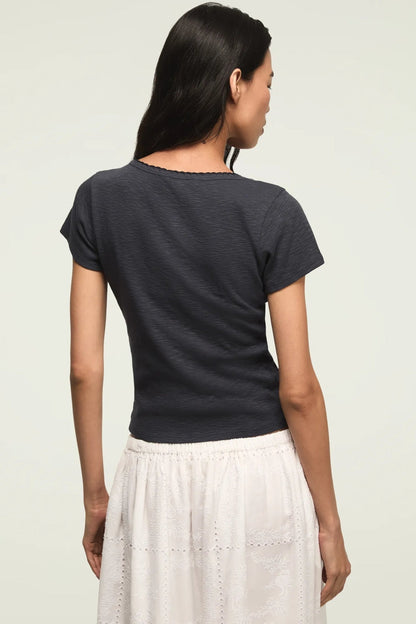 [167405-410] WOMENS LUCKY BRAND CROCHET TRIM SHORT SLEEVE HENLEY - INDIA INK