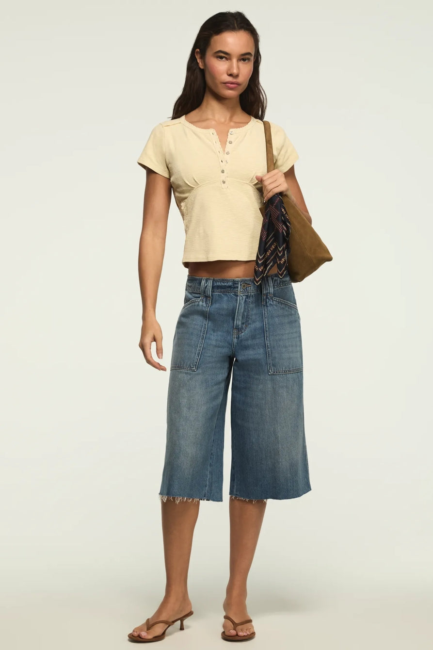 [167405-750] WOMENS LUCKY BRAND CROCHET TRIM SHORT SLEEVE HENLEY - LEMON ICING