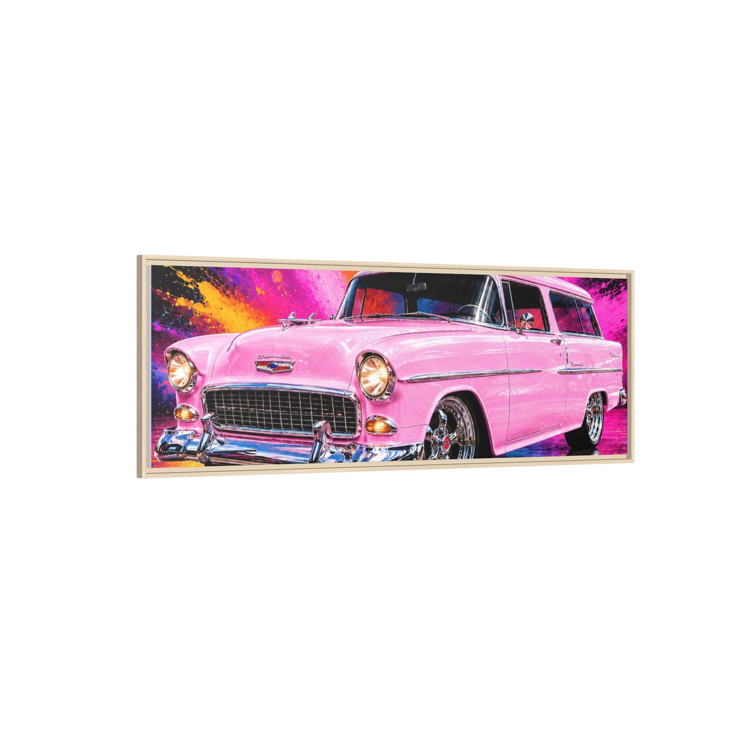 Pink Classic Station Wagon Canvas Print — Retro Car Wall Art, Framed Matte Multi‑Color Splash