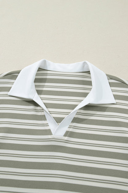 Stripe Collared V-Neck Short Sleeve Midi Dress