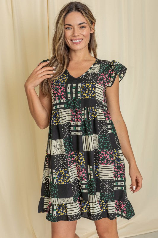 Mix Print Flutter Sleeve Mini Dress See size chart under “more details”