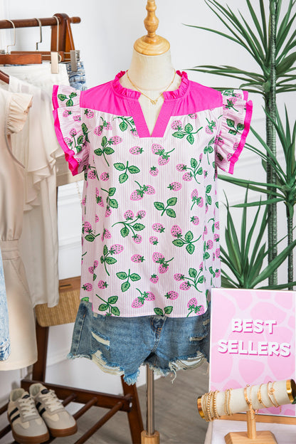 Stripe Strawberry Patchwork Flutter Sleeve V-Neck Blouse