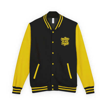 Created In His Image Varsity Jacket — Black & Yellow Inspirational Letterman
