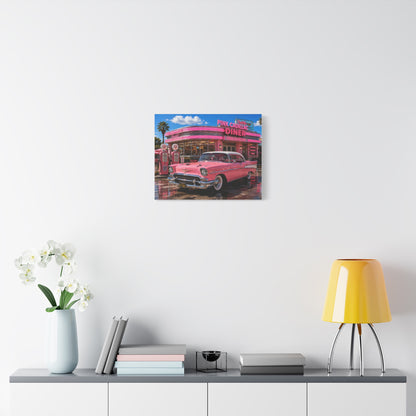Pink Cadillac Diner Canvas Wall Art — Retro 1950s Car Poster