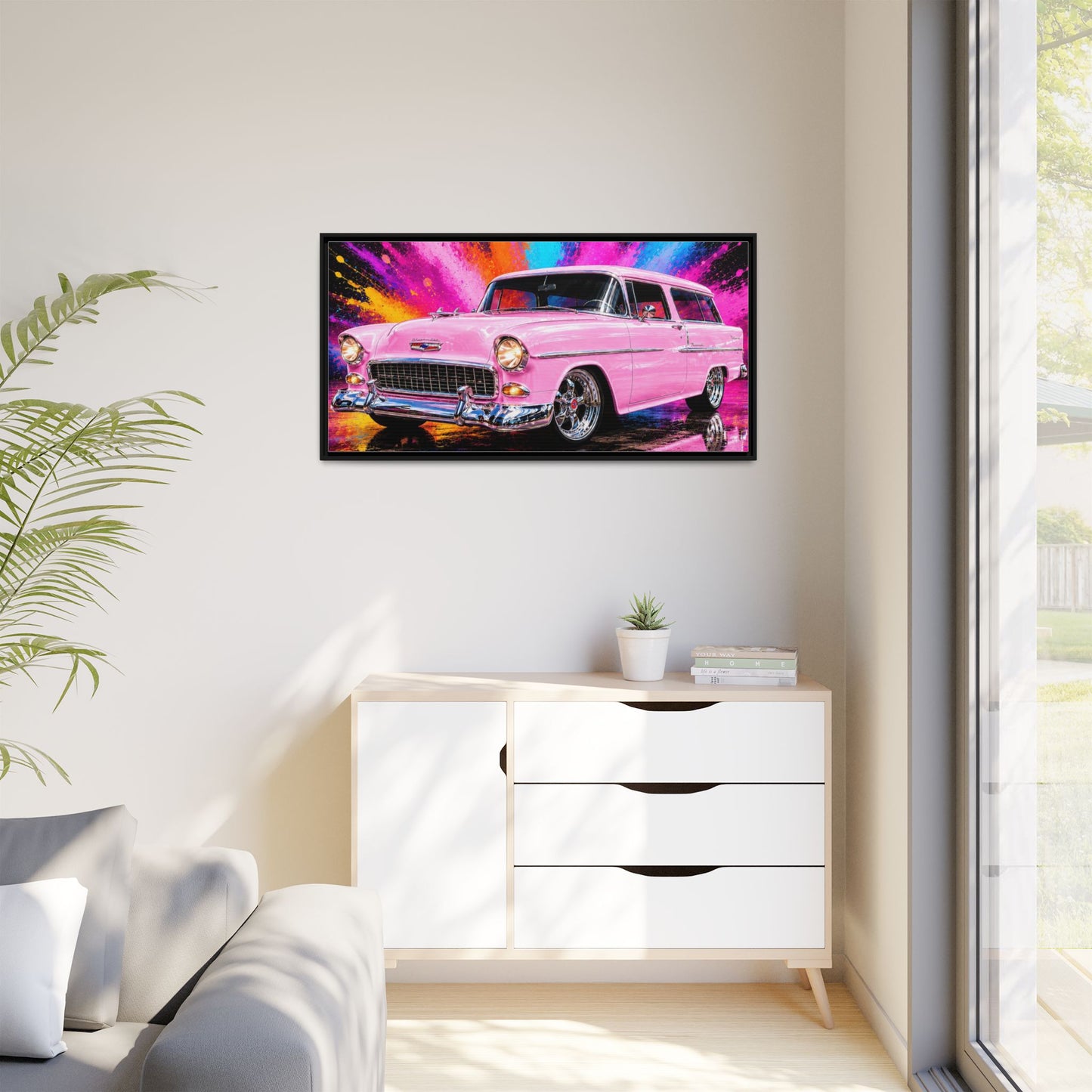 Pink Classic Station Wagon Canvas Print — Retro Car Wall Art, Framed Matte Multi‑Color Splash