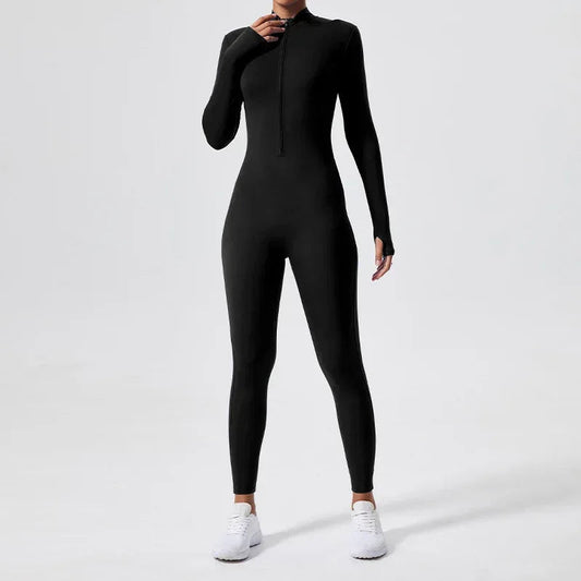 Da Beach Wear Women’s Compression Zip-Up Workout Jumpsuit - Long Sleeve Yoga Bodysuit