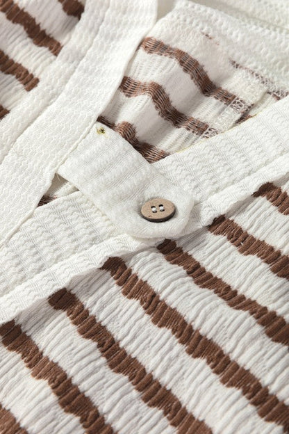 Stripe Textured Long Sleeve Hooded V-Neck Top