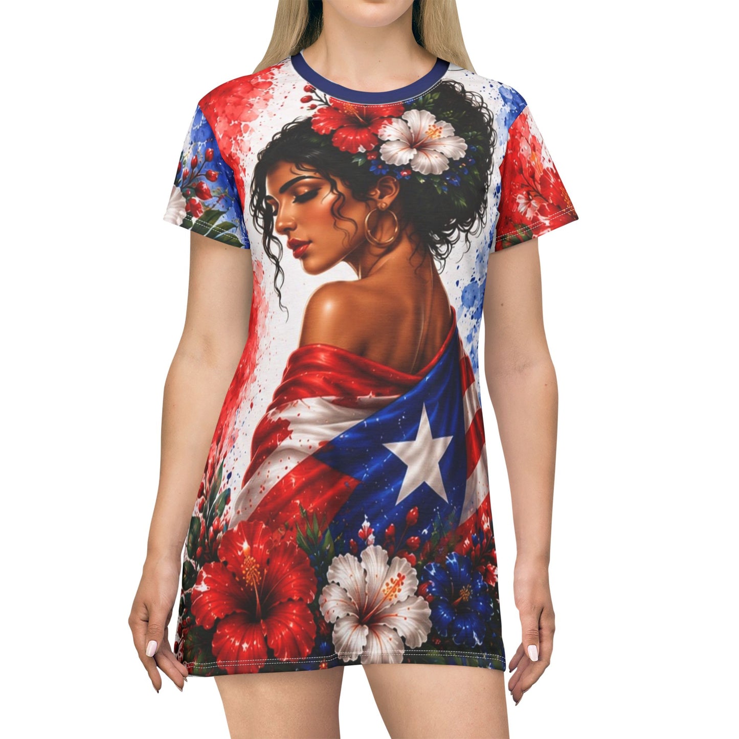 Puerto Rico Flag T-Shirt Dress — Boricua Floral All‑Over Print