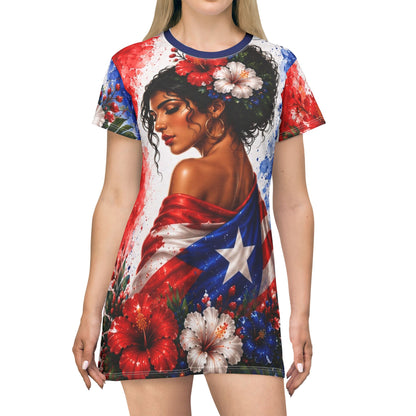 Puerto Rico Flag T-Shirt Dress — Boricua Floral All‑Over Print