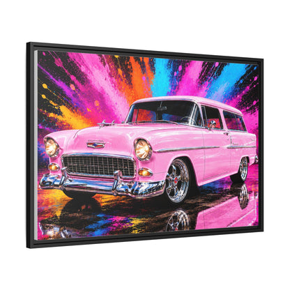 Pink Classic Station Wagon Canvas Print — Retro Car Wall Art, Framed Matte Multi‑Color Splash