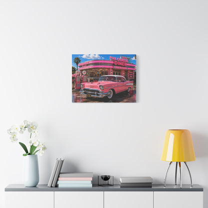 Pink Cadillac Diner Canvas Wall Art — Retro 1950s Car Poster