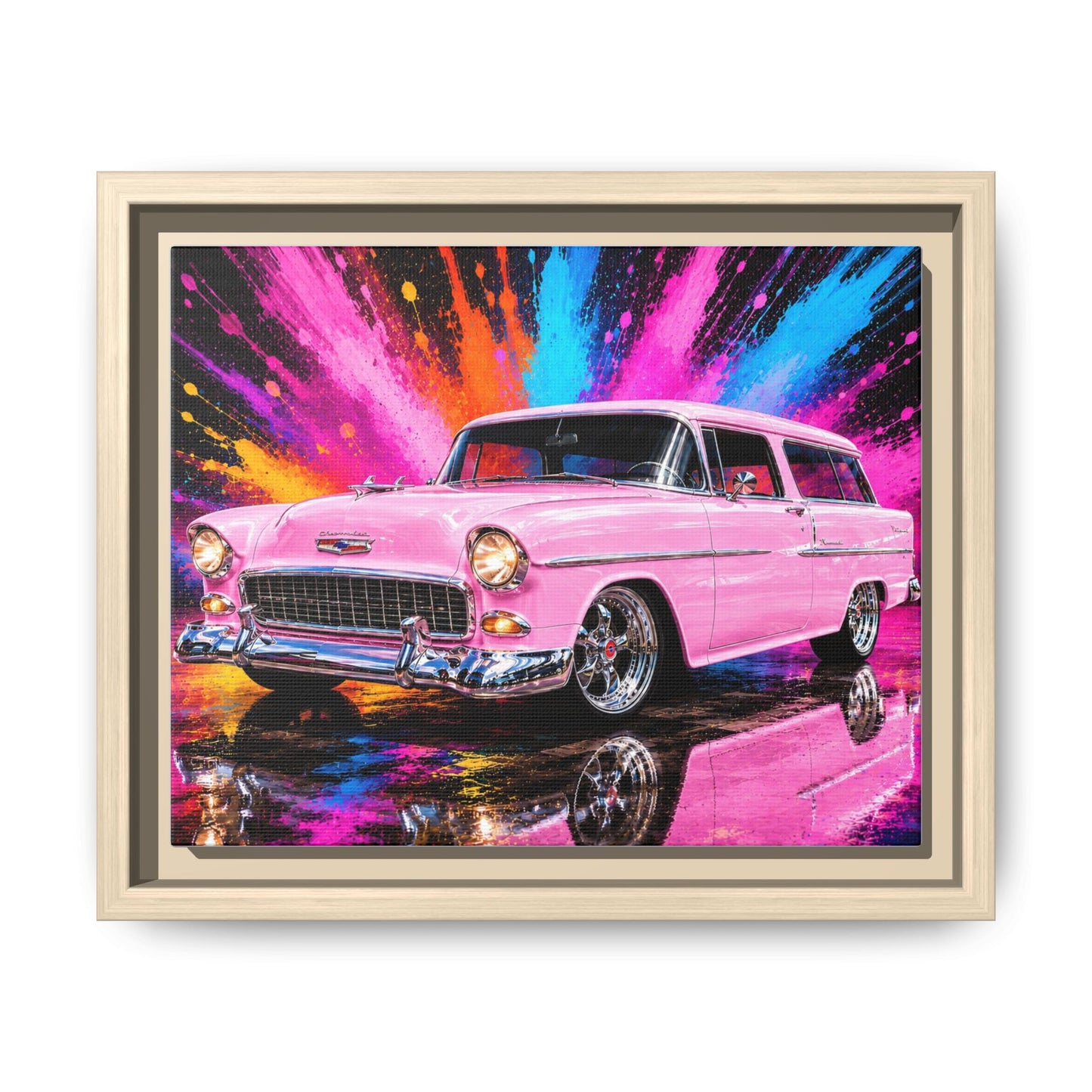 Pink Classic Station Wagon Canvas Print — Retro Car Wall Art, Framed Matte Multi‑Color Splash