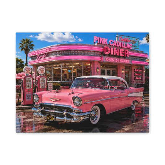 Pink Cadillac Diner Canvas Wall Art — Retro 1950s Car Poster