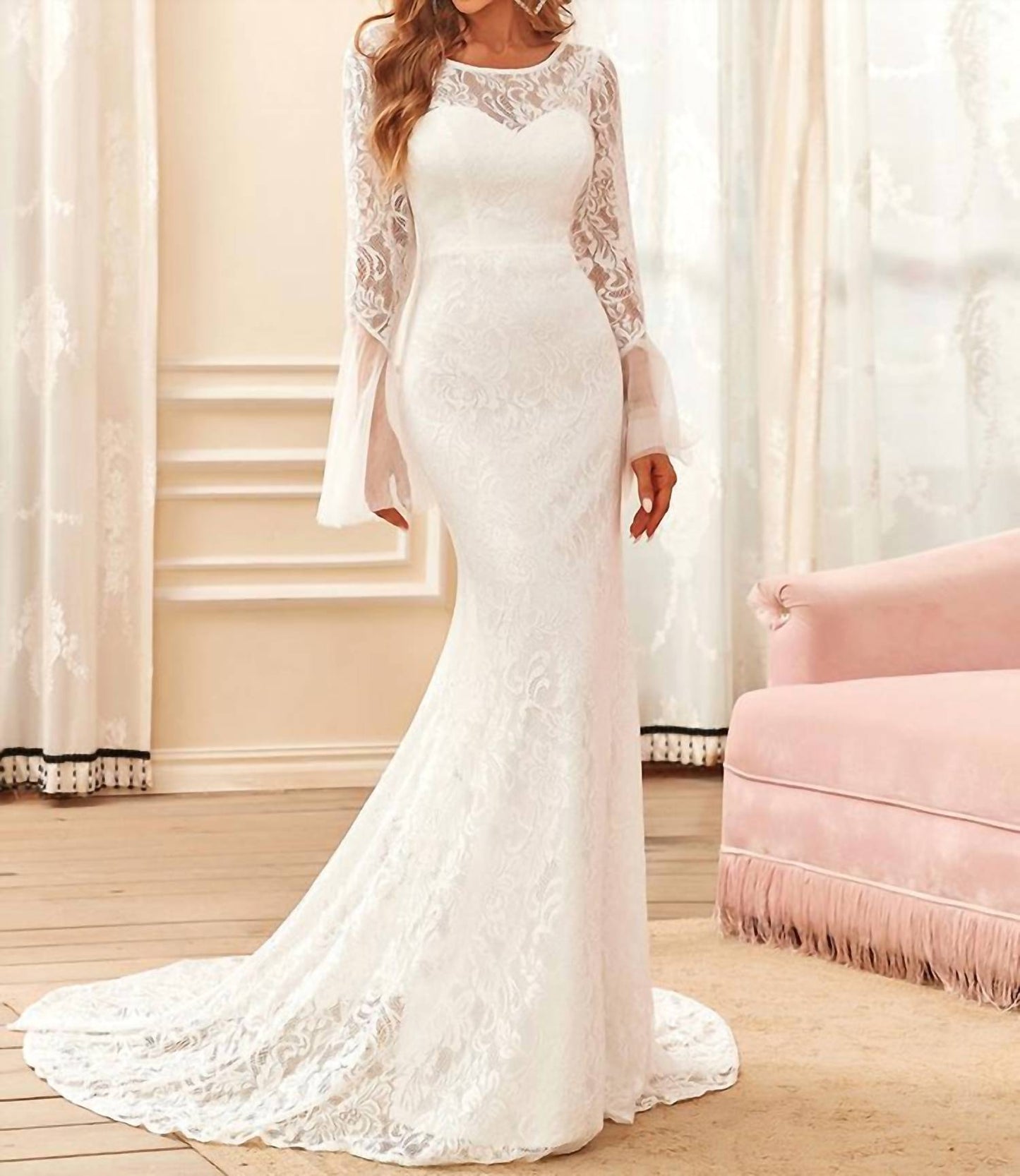 Round Neck Long Pagoda Sleeves Wedding Dress
