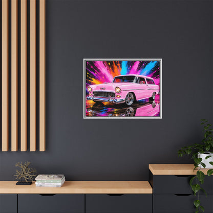 Pink Classic Station Wagon Canvas Print — Retro Car Wall Art, Framed Matte Multi‑Color Splash