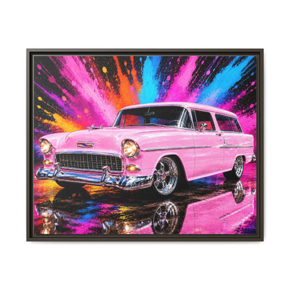 Pink Classic Station Wagon Canvas Print — Retro Car Wall Art, Framed Matte Multi‑Color Splash