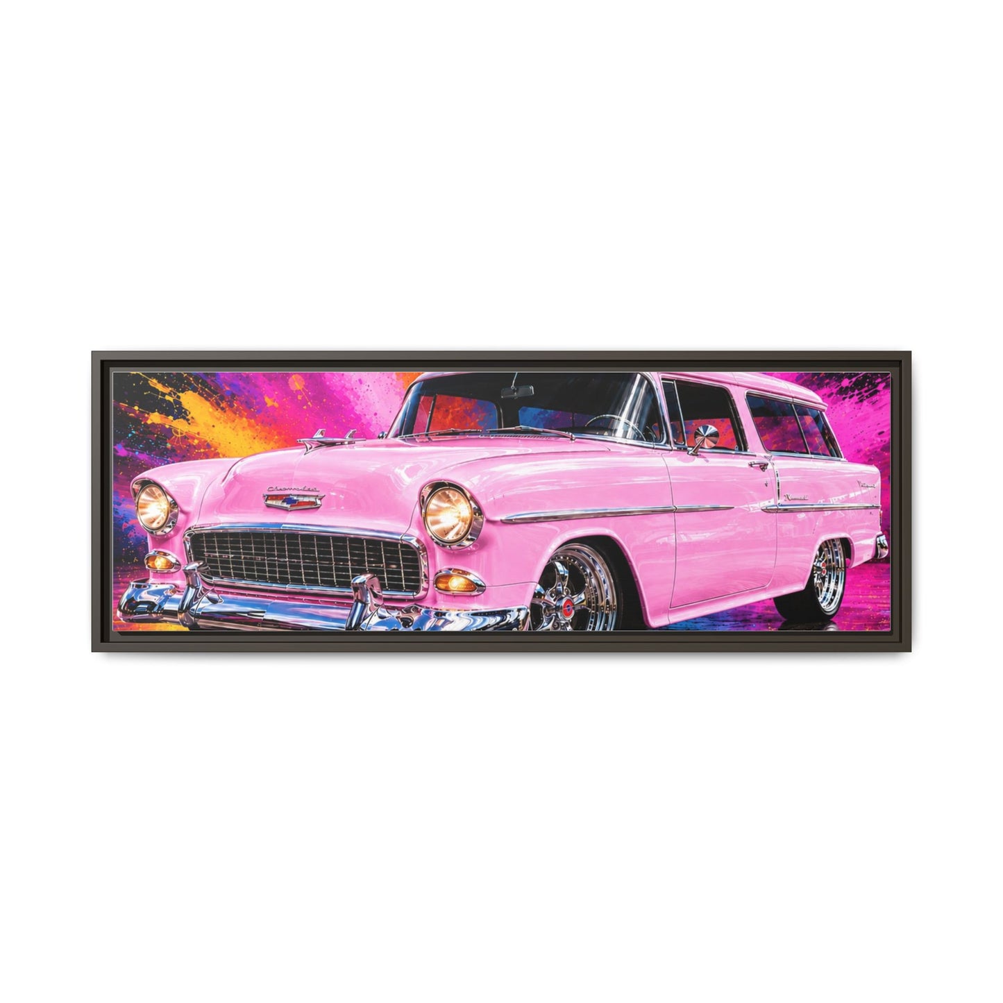 Pink Classic Station Wagon Canvas Print — Retro Car Wall Art, Framed Matte Multi‑Color Splash