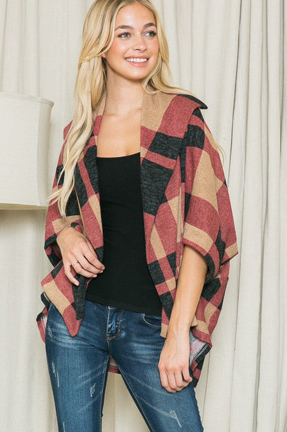 Plaid Textured Shawl Collared Sweater Cardigan