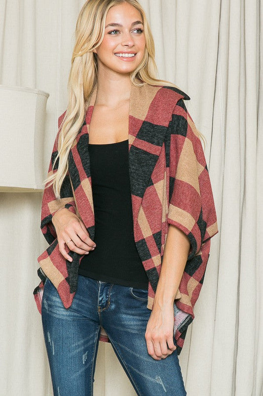 Plaid Textured Shawl Collared Sweater Cardigan